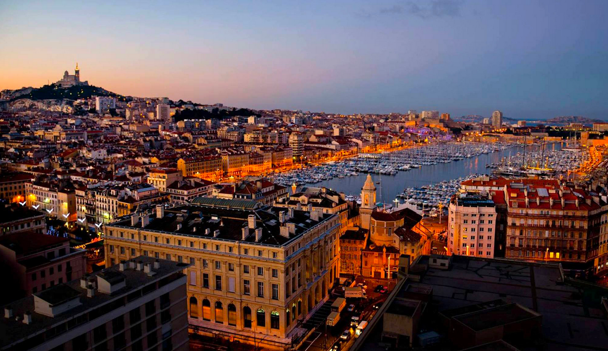 The Old Port of Marseille in the twilight.